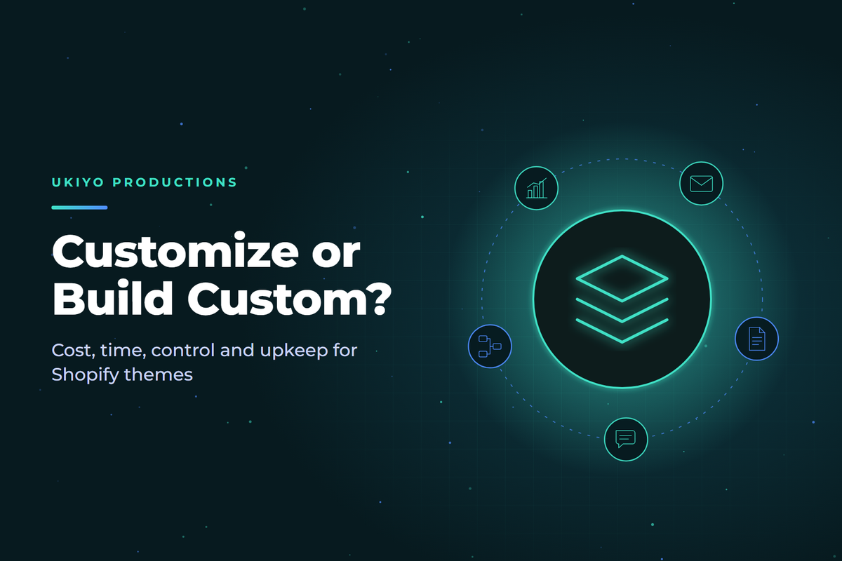 Stacked layout layers beside a browser frame, comparing Shopify theme customization with a custom theme build