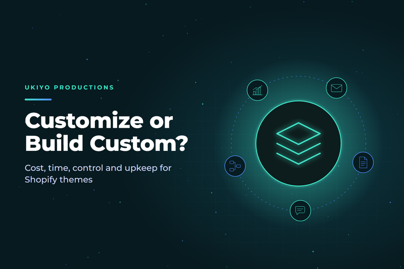 Stacked layout layers beside a browser frame, comparing Shopify theme customization with a custom theme build