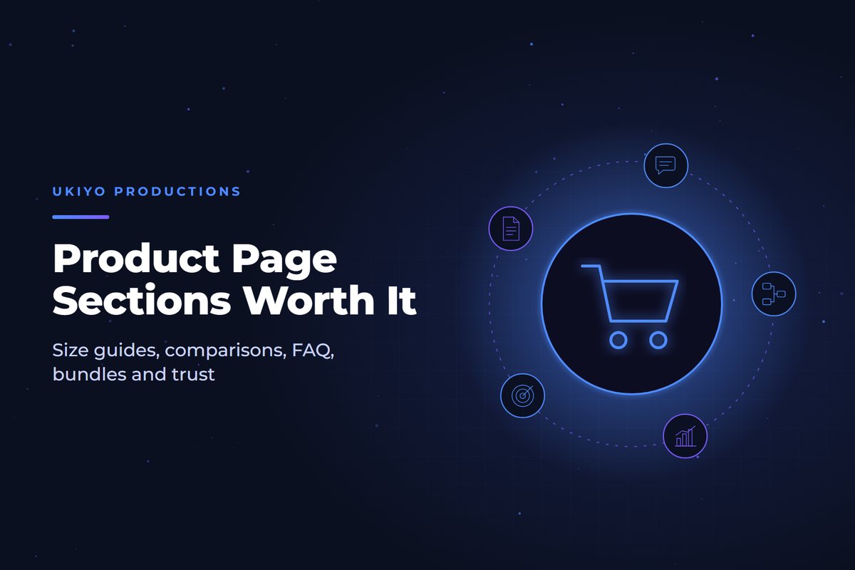 Shopping cart beside stacked page blocks, illustrating Shopify product page sections like size guides and FAQs