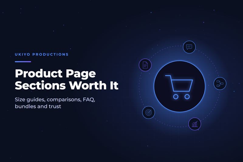 Shopping cart beside stacked page blocks, illustrating Shopify product page sections like size guides and FAQs