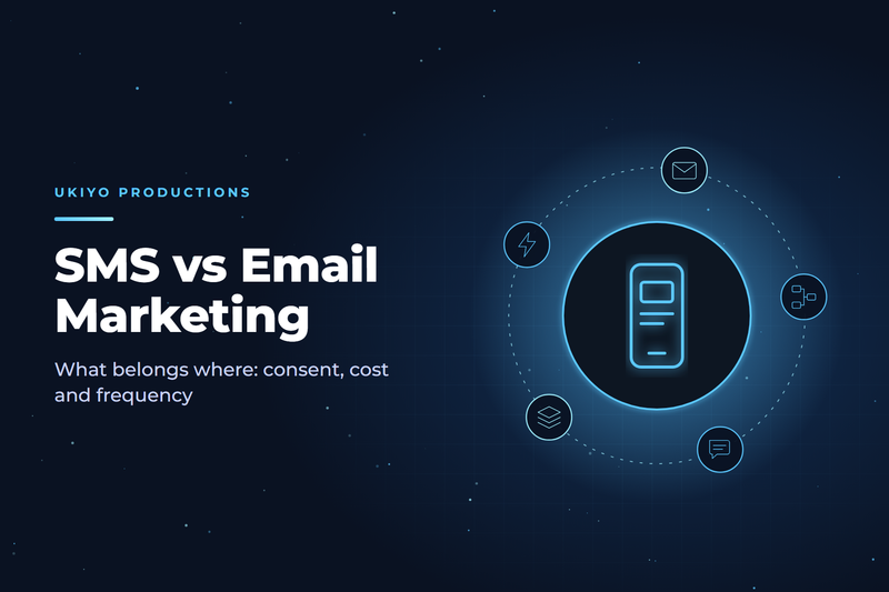 Cover graphic with a phone icon comparing SMS and email marketing for ecommerce brands