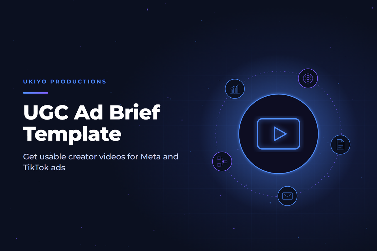 Cover graphic with a video camera icon for a UGC ad brief template for Meta and TikTok creator videos