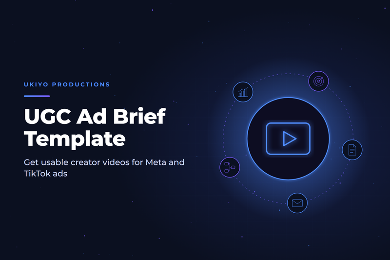 Cover graphic with a video camera icon for a UGC ad brief template for Meta and TikTok creator videos