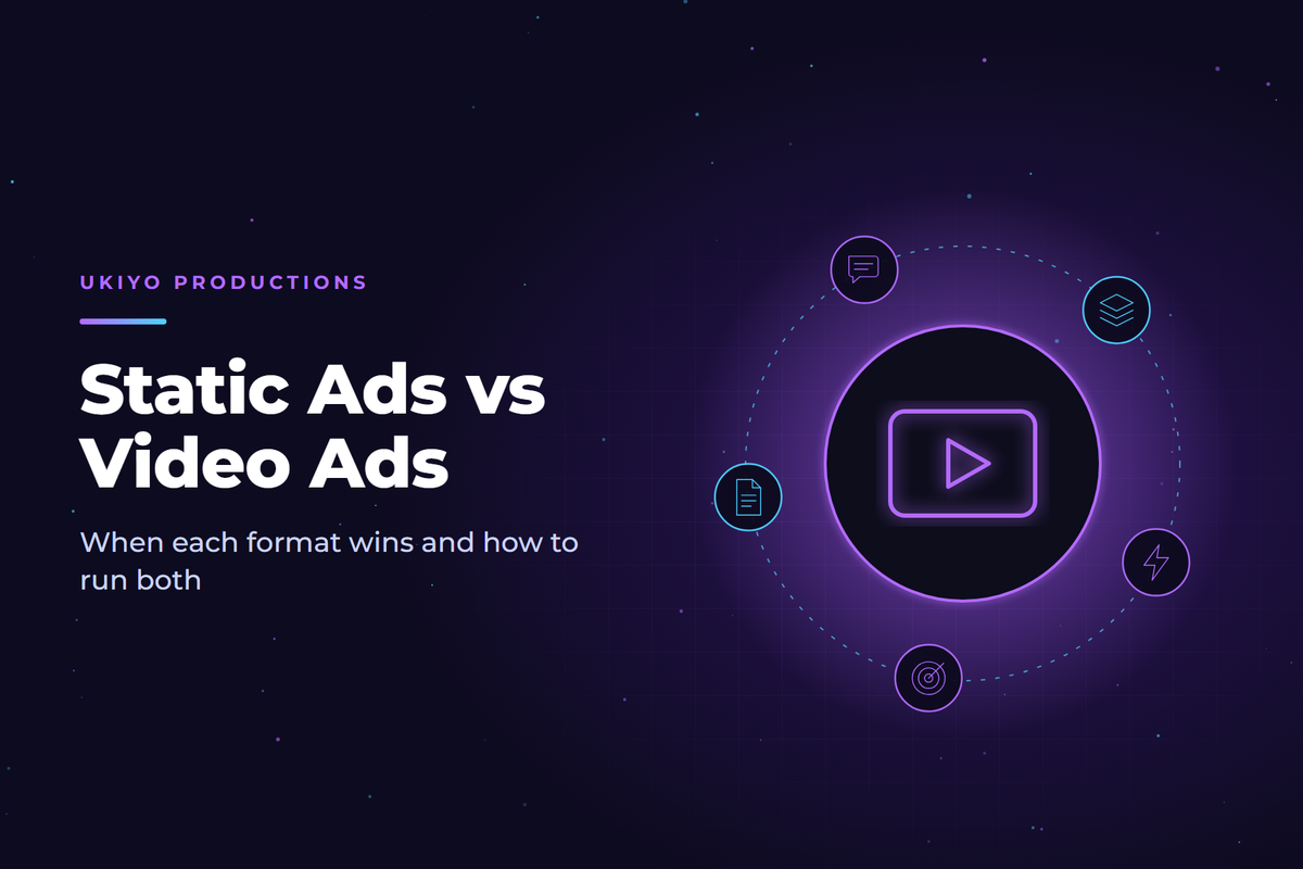 Cover graphic with a video play icon beside a static ad frame, illustrating static ads vs video ads for DTC brands