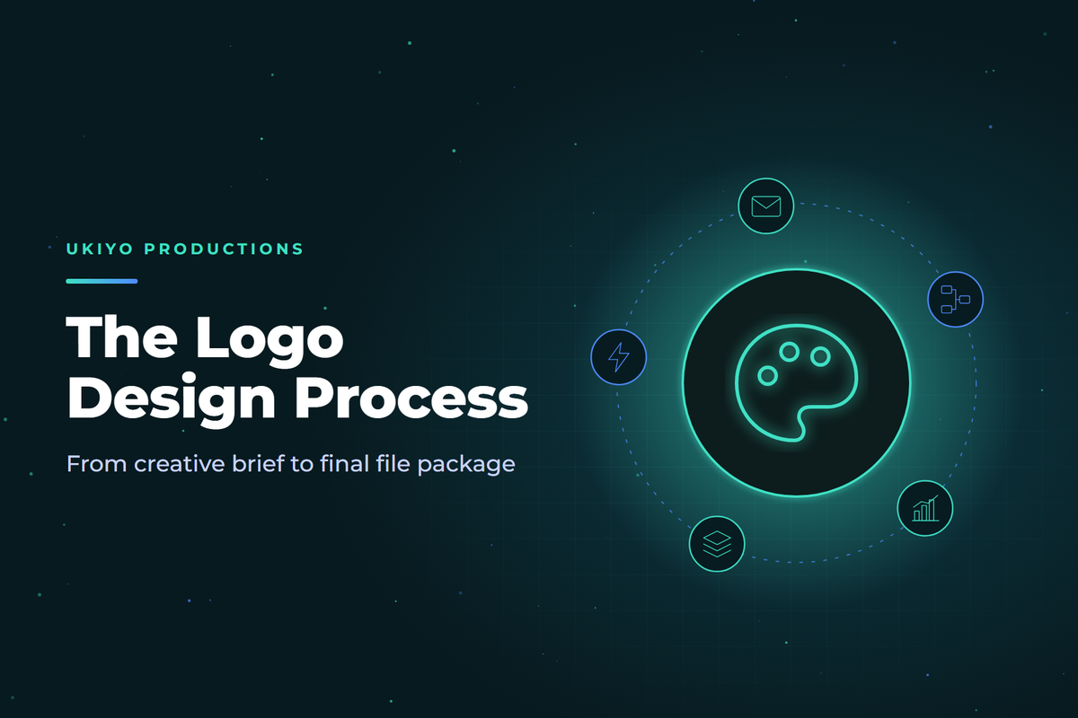 Cover graphic with a color palette and layered logo sketches, illustrating the logo design process from brief to files