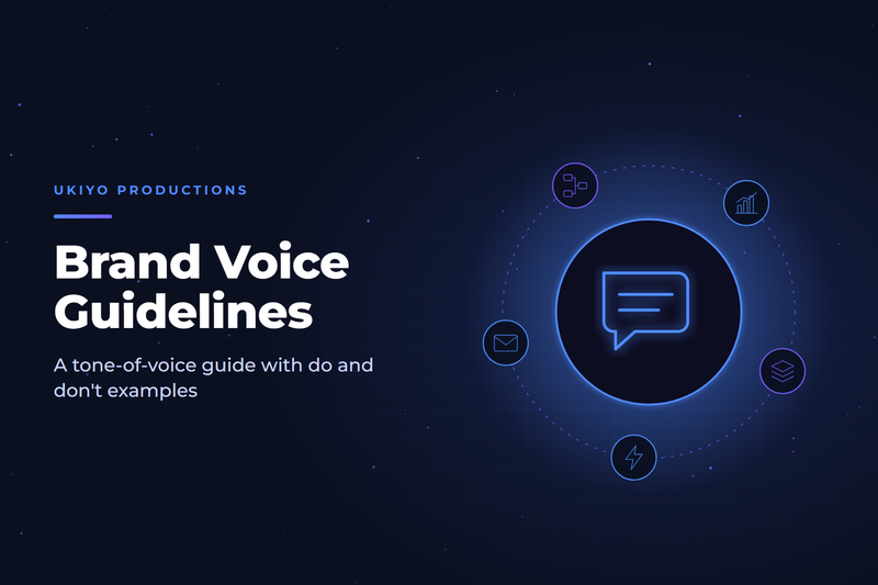 Cover graphic with chat bubbles in contrasting styles, illustrating brand voice guidelines and tone of voice examples