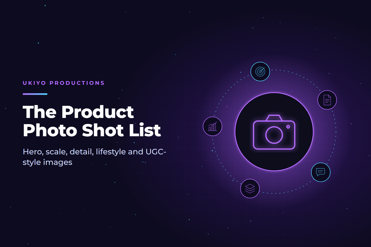 Camera icon over a grid of product photo frames illustrating an ecommerce product photography shot list