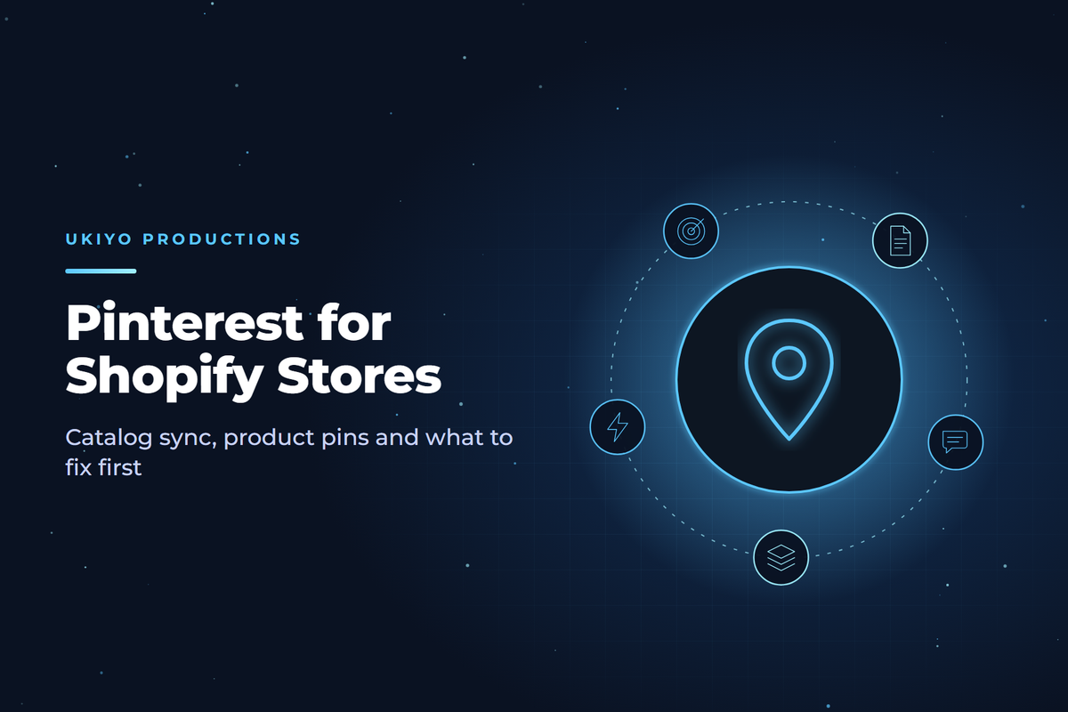 Map pin icon over a shopping catalog grid illustrating Pinterest product pins synced from a Shopify store