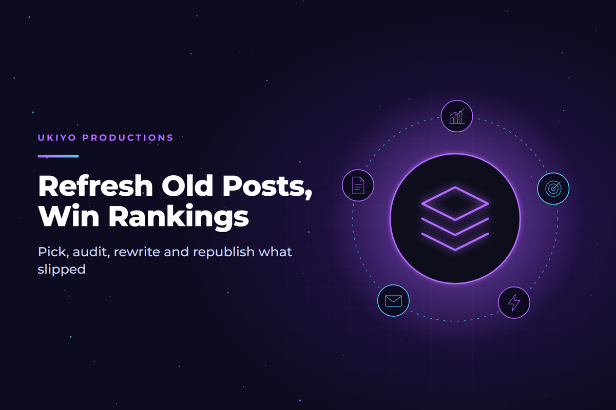 Cover graphic with a layered document icon and the headline Refresh Old Posts, about updating old blog posts for SEO