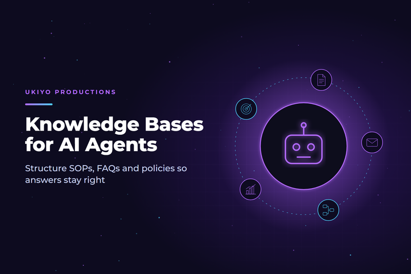Cover graphic with a bot icon and stacked document cards, for a guide on structuring a knowledge base for AI agents