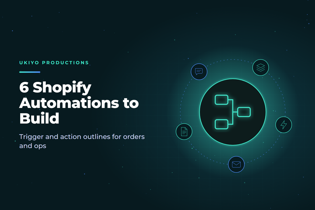 Cover graphic with a flow diagram and shopping cart, for a guide to six Shopify automation workflows for orders and ops