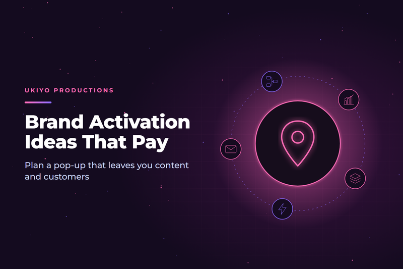 Cover graphic with a location pin and camera icon, for a guide to brand activation ideas and pop-up event planning