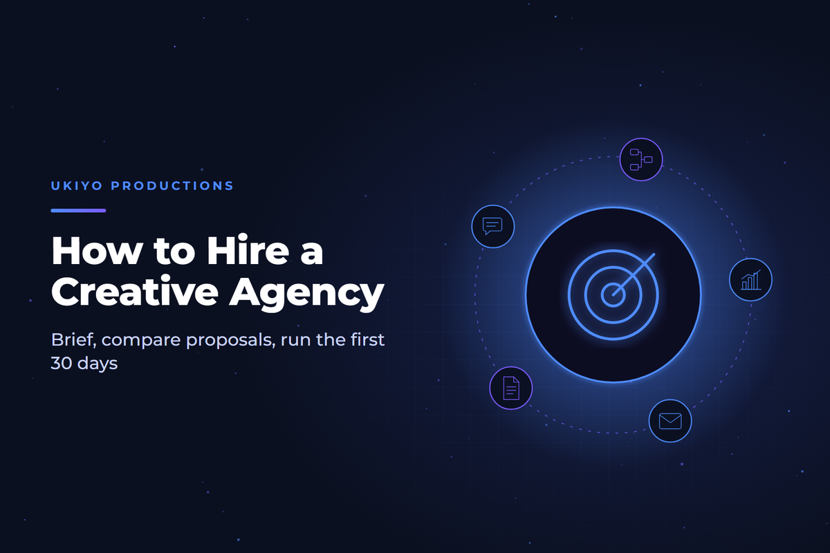 Cover graphic with a target icon and proposal documents, for a guide on how to hire a creative agency