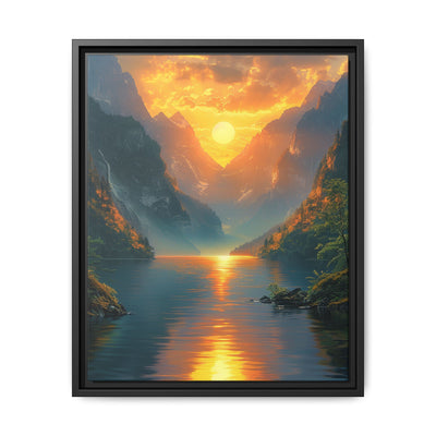 Golden Hour Serenity: Majestic Mountains & Misty Lake Art Print