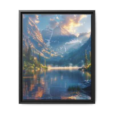 Golden Hour Serenity: Majestic Mountains & Misty Lake Art Print