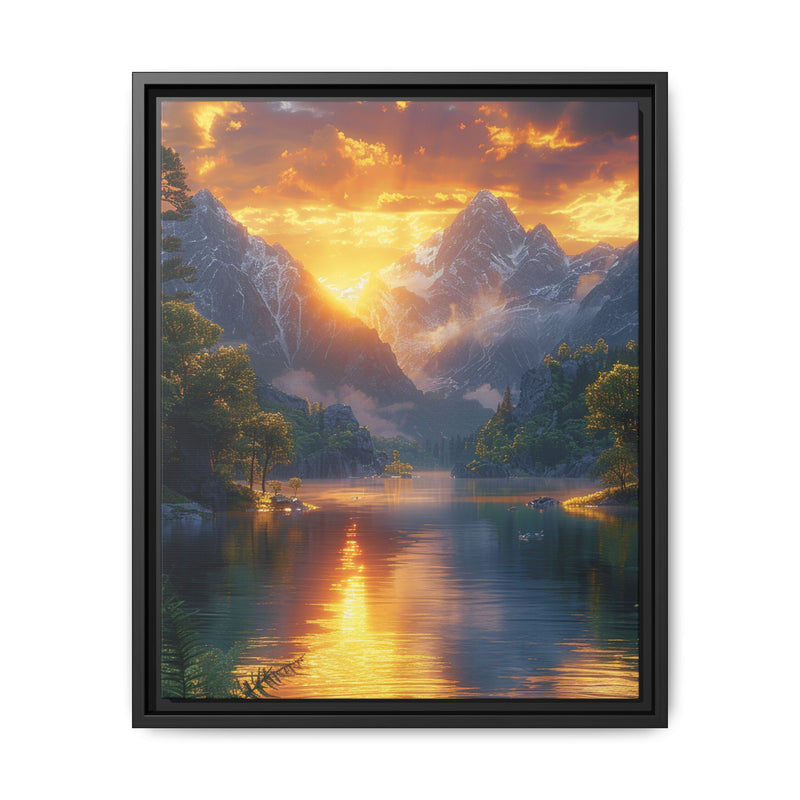 Golden Hour Majesty: Towering Mountains & Crystal Lake Art Print