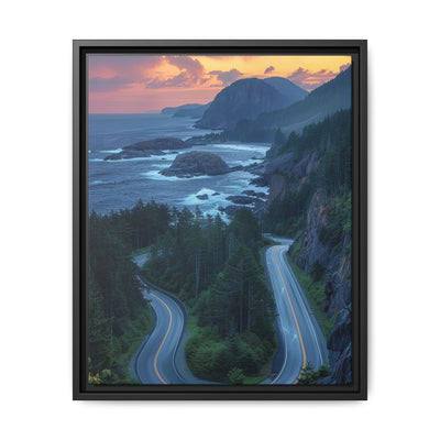 Coastal Serenity: BC Highway Sunset Bird's-Eye View Print