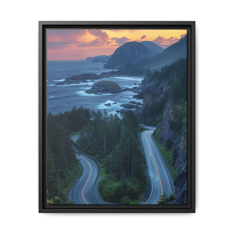 Coastal Serenity: BC Highway Sunset Bird's-Eye View Print