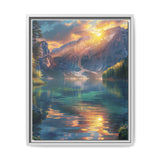 Golden Hour Serenity: Majestic Mountains & Misty Lake Art Print