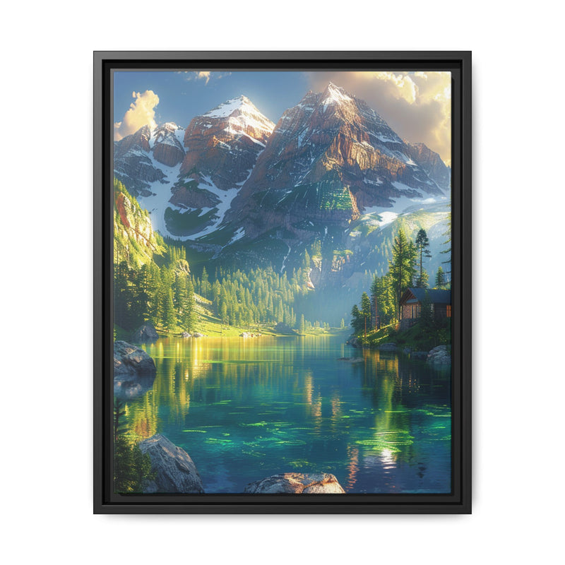 Golden Hour Tranquility: Majestic Mountains & Misty Lake Print
