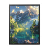 Golden Hour Tranquility: Majestic Mountains & Misty Lake Print
