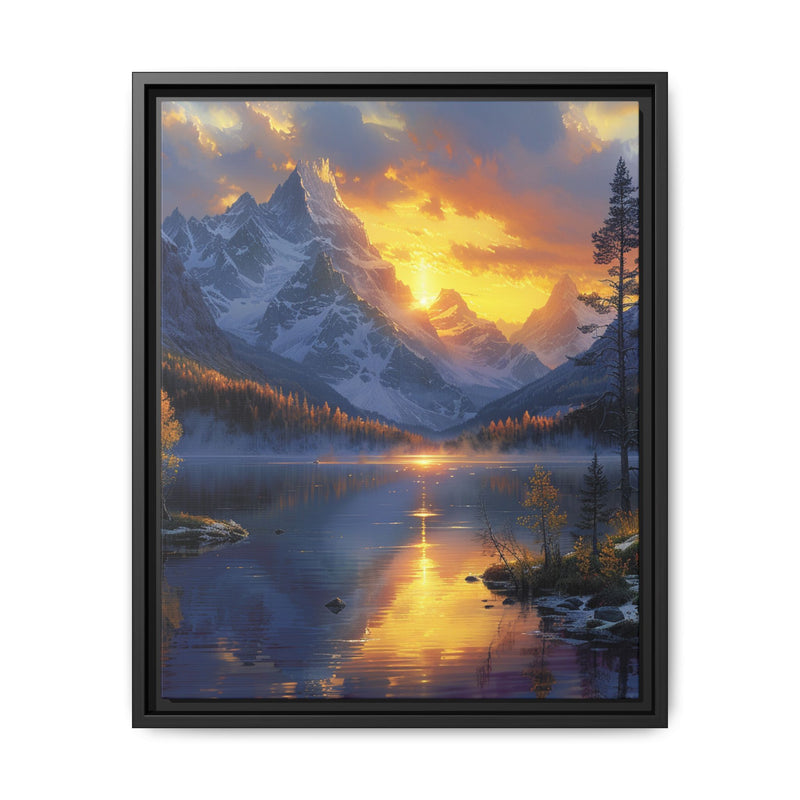 Golden Hour Serenity: Majestic Mountains & Misty Lake Print