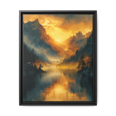 Golden Hour Tranquility: Majestic Mountains & Misty Lake Print