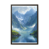 Golden Hour Tranquility: Majestic Mountains & Misty Lake Print