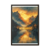 Golden Hour Tranquility: Majestic Mountains & Misty Lake Print