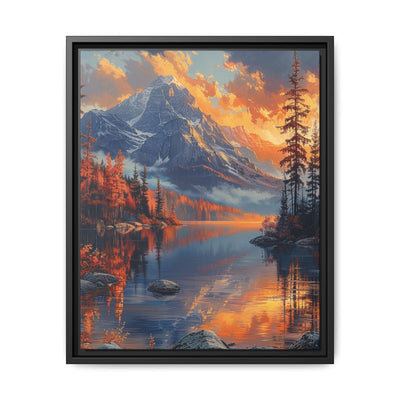 Golden Hour Tranquility: Majestic Mountains & Misty Lake Print