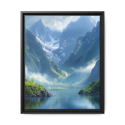 Golden Hour Tranquility: Majestic Mountains & Misty Lake Print