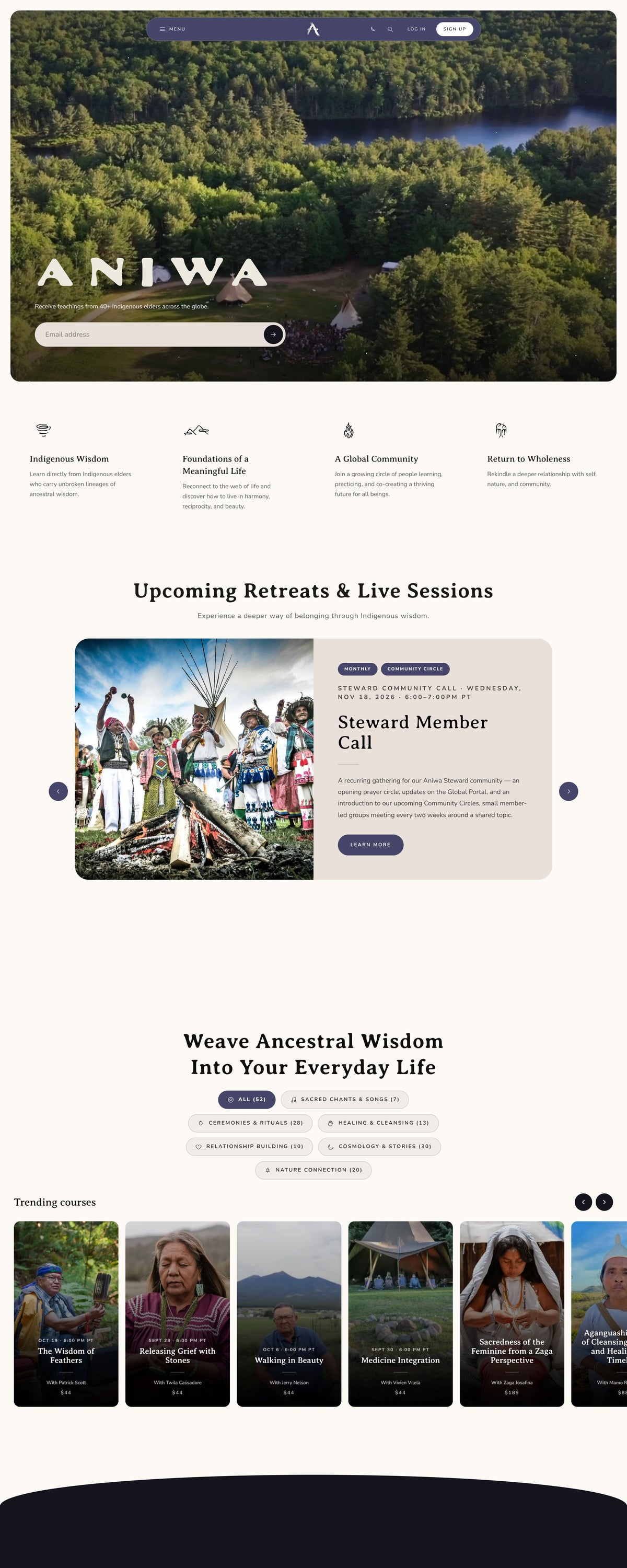 Aniwa learning platform homepage with courses and live sessions