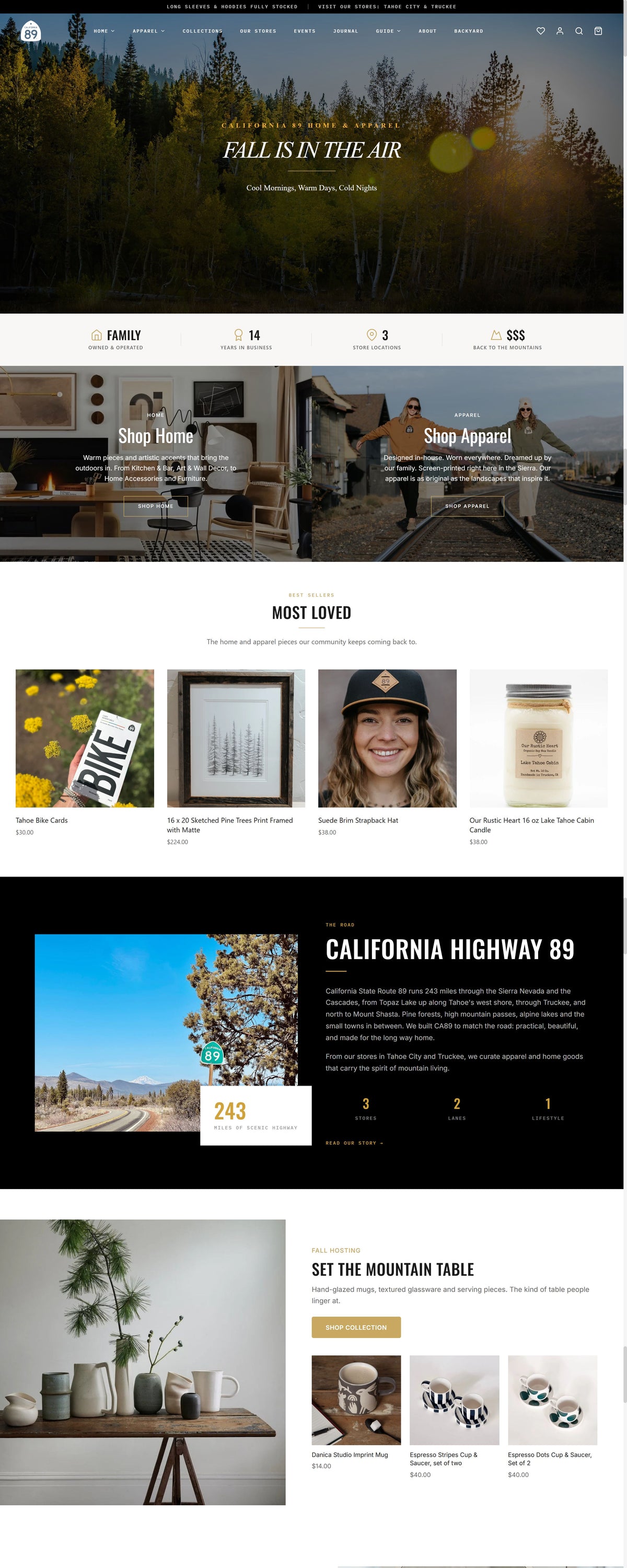 California 89 home and apparel Shopify store homepage