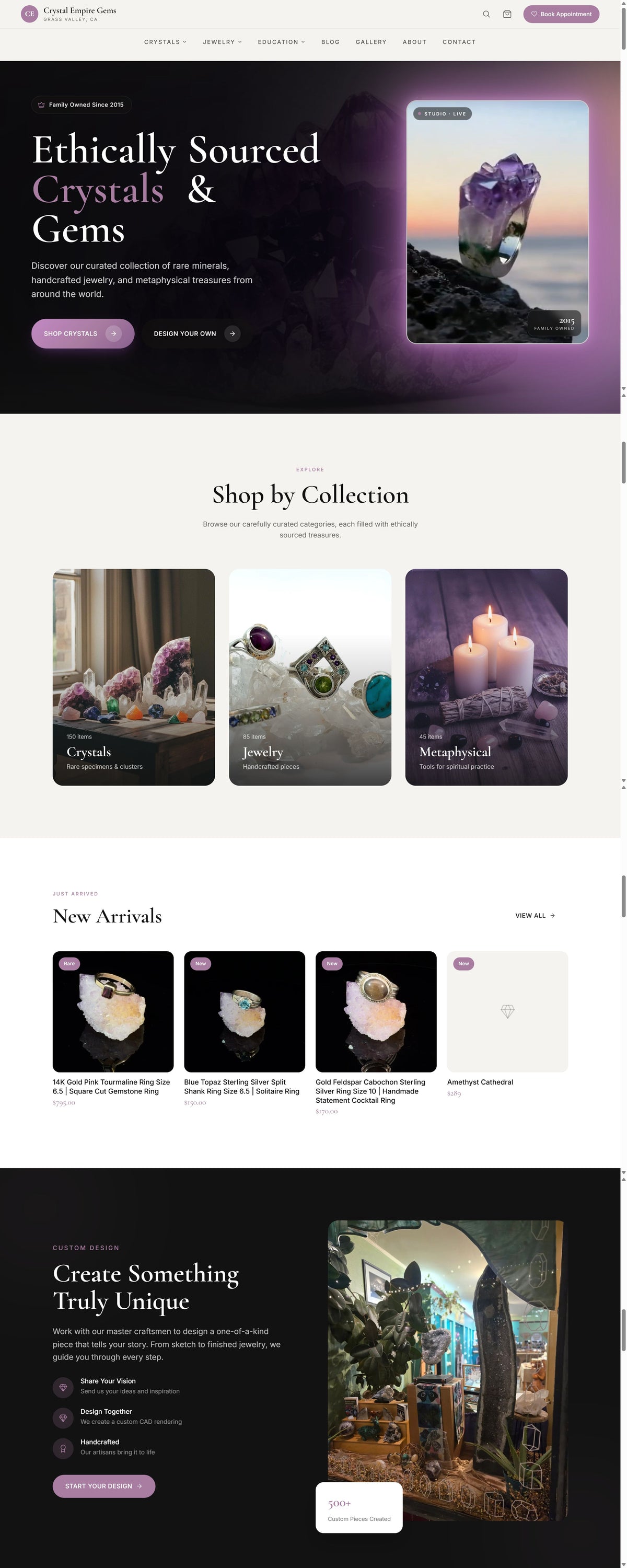 Crystal Empire Gems Shopify store homepage
