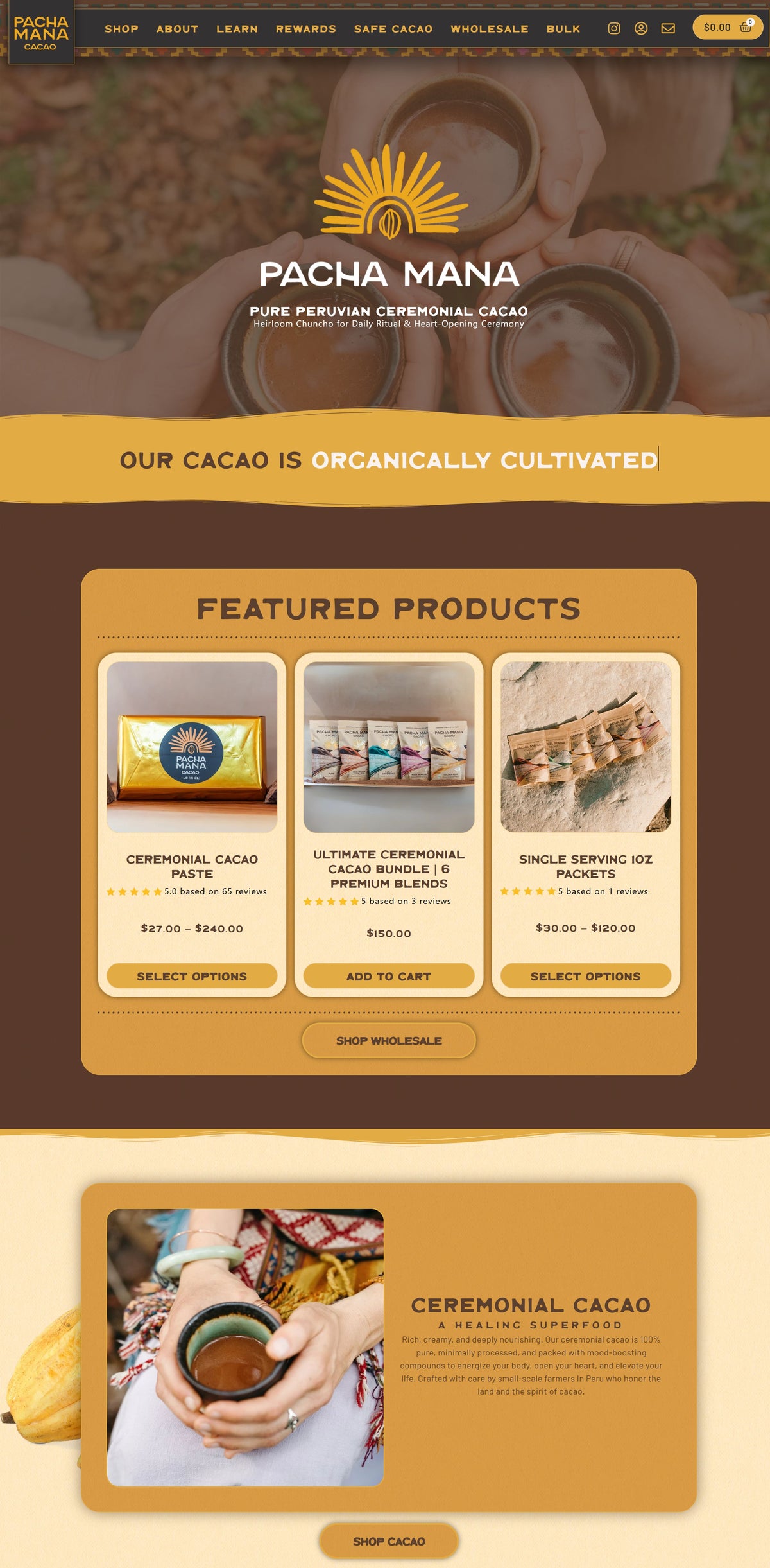 Pacha Mana ceremonial cacao Shopify storefront homepage